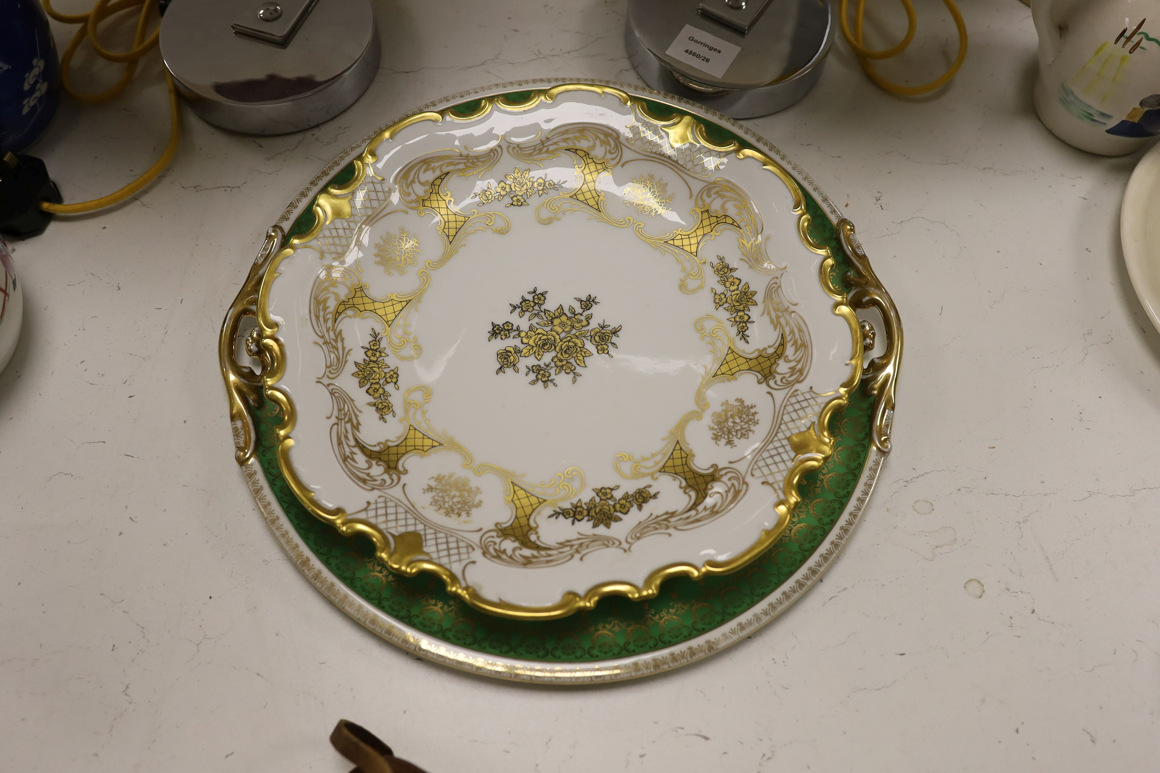 Two Sevres Louis Philippe service monogrammed dishes, dated 1842, 30.5cm a Meissen Deutsche Blumen Marcolini period square dish and two other continental porcelain dishes